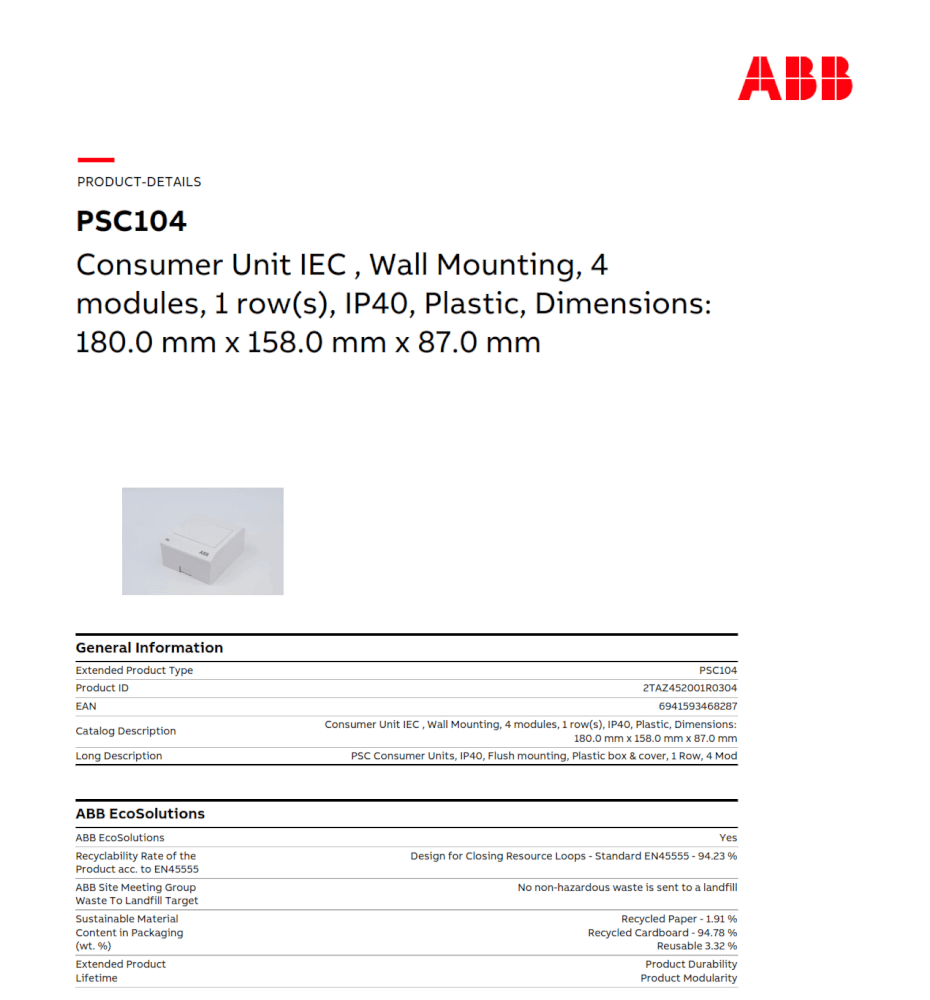 กล่องใส่เบรกเกอร์ 4 ช่อง ABB PSC104 Consumer Unit IEC IP40 Plastic Box & Cover_6
